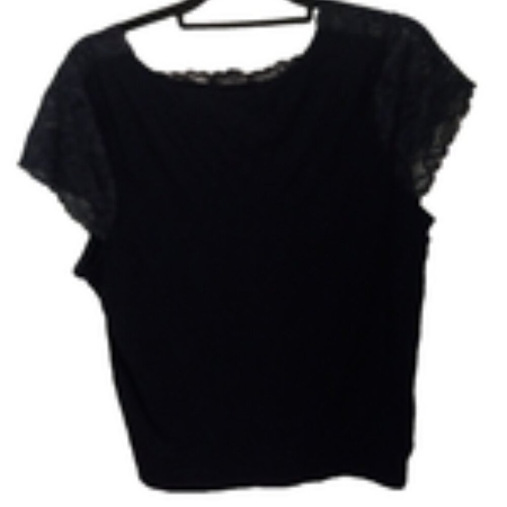 Women’s Plus Size Emma James Navy Top with Lace Neckline – Short Sleeve Blouse